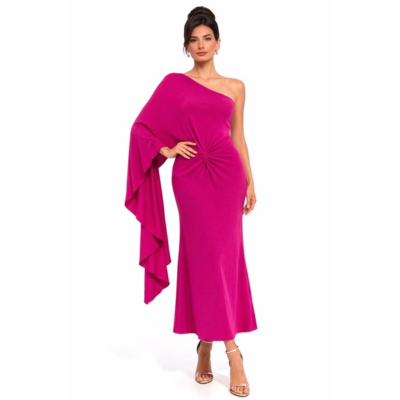 Zara Dresses & Skirts - Zara Pink One Shoulder Cape Sleeve Knot Front Ribbed Knit Maxi Dress L 102-65